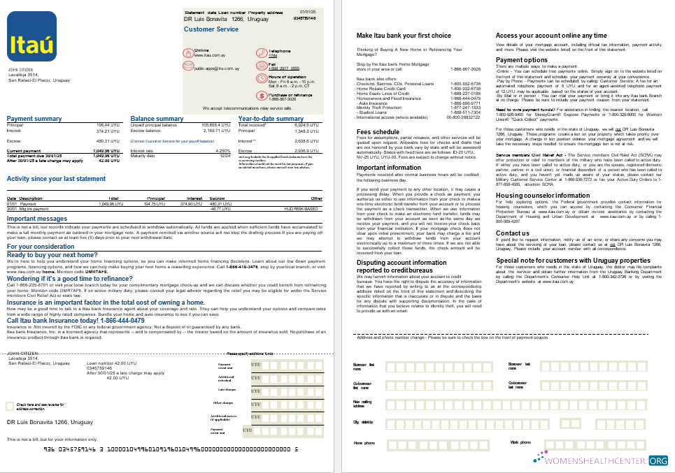 Download Uruguay Itau bank mortgage statement in Word and PDF formats, 2 pages Photoshop template